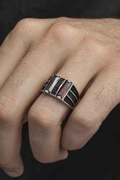 2 Sıra Dik Kırmızı Taşlı 925 Gümüş Erkek Yüzük - Resim 5