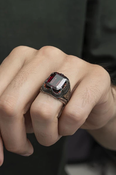 Kare Kırmızı Taşlı 925 Gümüş Erkek Yüzük - Resim 4