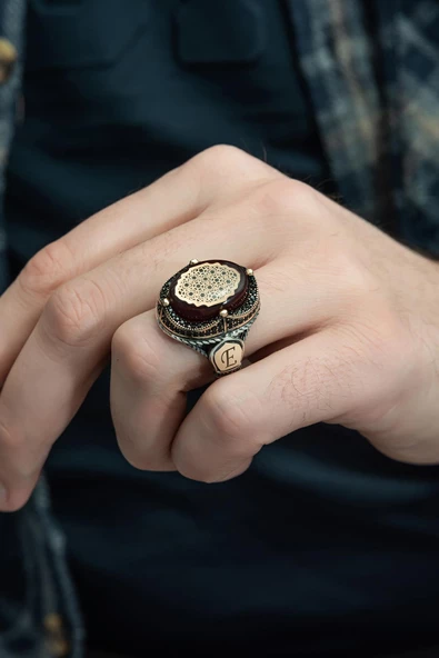 Kırmızı Sıkma Kehribar Taşlı Harfli 925 Gümüş Erkek Yüzük - Resim 5