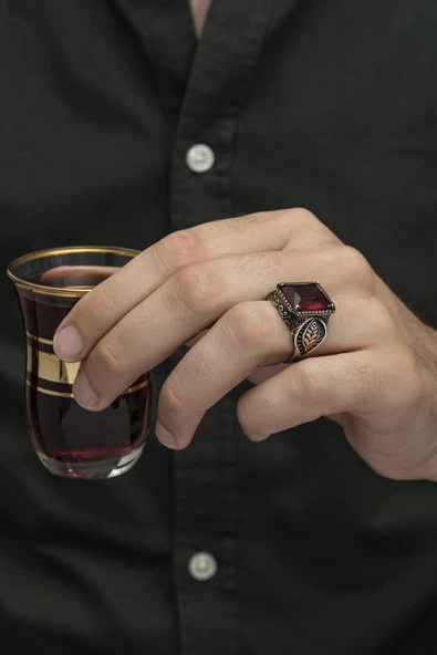 Kırmızı Taşlı Yaprak Motifli 925 Gümüş Erkek Yüzük - Resim 7