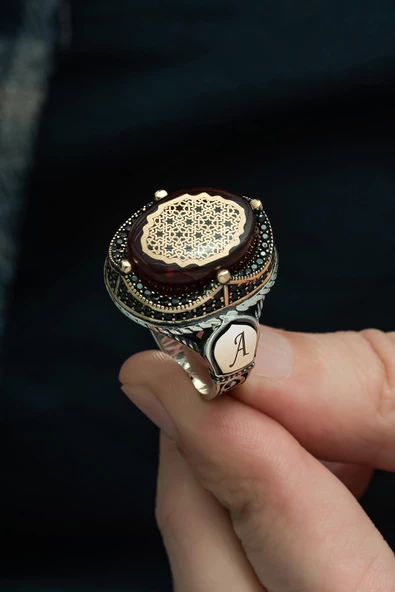 Kırmızı Sıkma Kehribar Taşlı Harfli 925 Gümüş Erkek Yüzük - Resim 3
