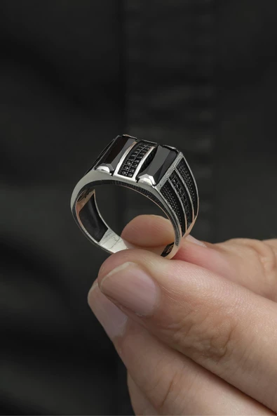 2 Sıra Dik Siyah Taşlı 925 Gümüş Erkek Yüzük - Resim 5