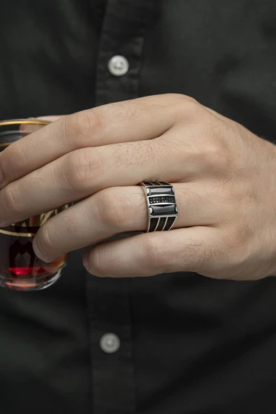 2 Sıra Dik Siyah Taşlı 925 Gümüş Erkek Yüzük - Resim 6