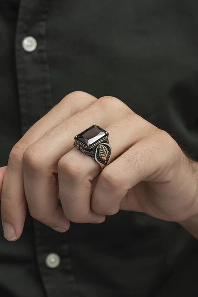 Siyah Taşlı Yaprak Motifli 925 Gümüş Erkek Yüzük - Resim 5