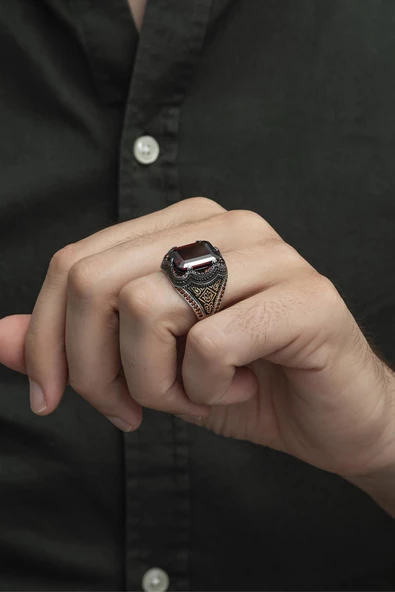 Kare Kırmızı Taşlı 925 Gümüş Erkek Yüzük - Resim 10