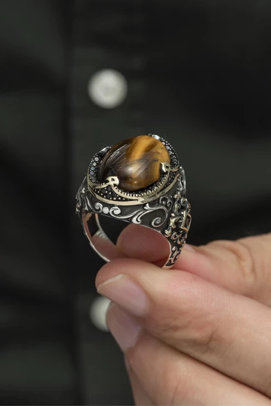 Kaplan Gözü Taşlı 925 Gümüş Erkek Yüzük - Resim 7