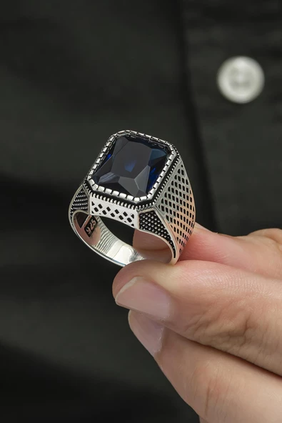 Parlament Mavisi Taşlı 925 Gümüş Erkek Yüzük - Resim 6