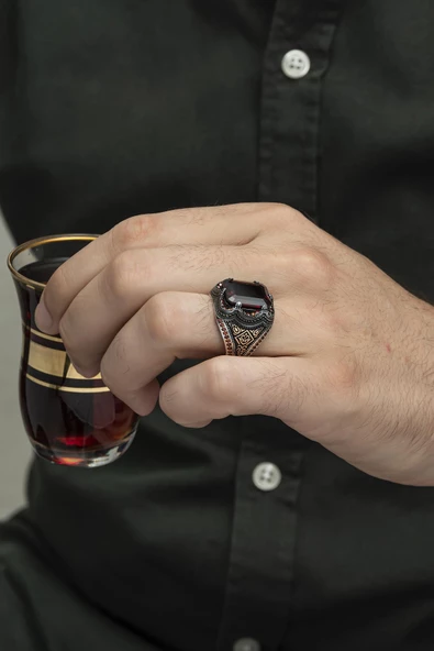 Kare Kırmızı Taşlı 925 Gümüş Erkek Yüzük - Resim 7