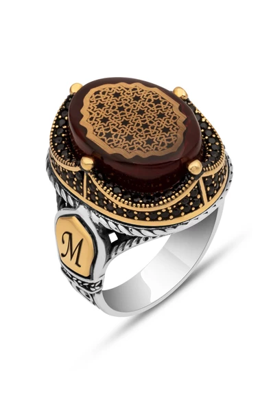 Kırmızı Sıkma Kehribar Taşlı Harfli 925 Gümüş Erkek Yüzük - Resim 2