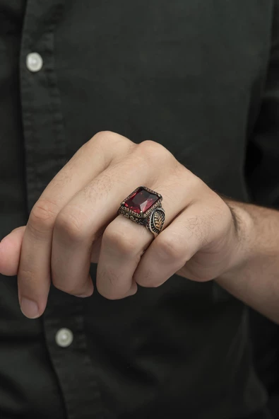 Kırmızı Taşlı Yaprak Motifli 925 Gümüş Erkek Yüzük - Resim 3