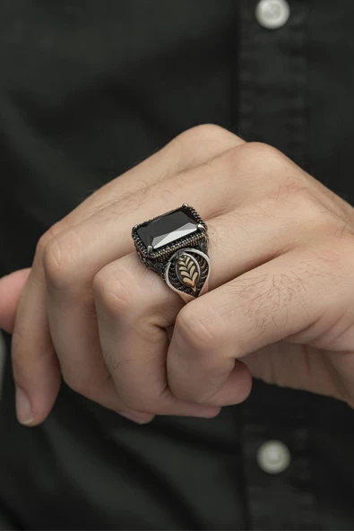 Siyah Taşlı Yaprak Motifli 925 Gümüş Erkek Yüzük - Resim 7