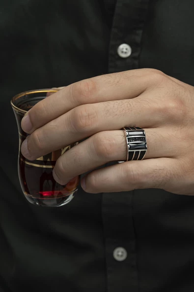 2 Sıra Dik Siyah Taşlı 925 Gümüş Erkek Yüzük - Resim 4