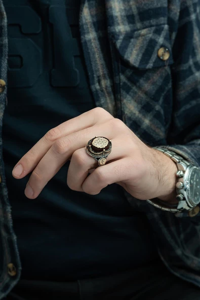 Kırmızı Sıkma Kehribar Taşlı Harfli 925 Gümüş Erkek Yüzük - Resim 7