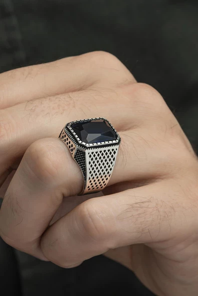 Parlament Mavisi Taşlı 925 Gümüş Erkek Yüzük - Resim 4