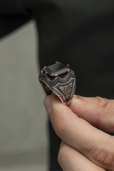 Kare Kırmızı Taşlı 925 Gümüş Erkek Yüzük - Resim 6