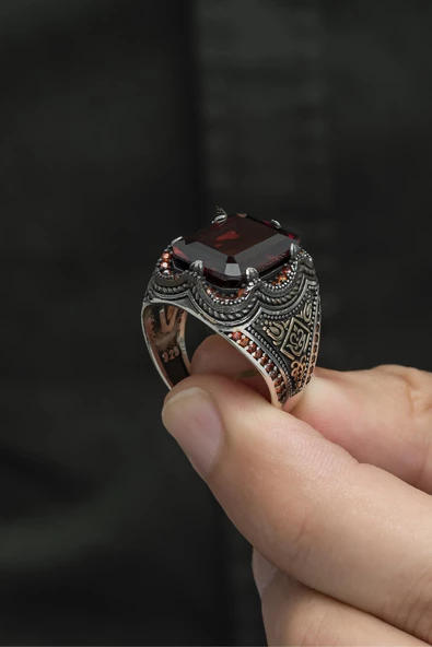 Kare Kırmızı Taşlı 925 Gümüş Erkek Yüzük - Resim 8