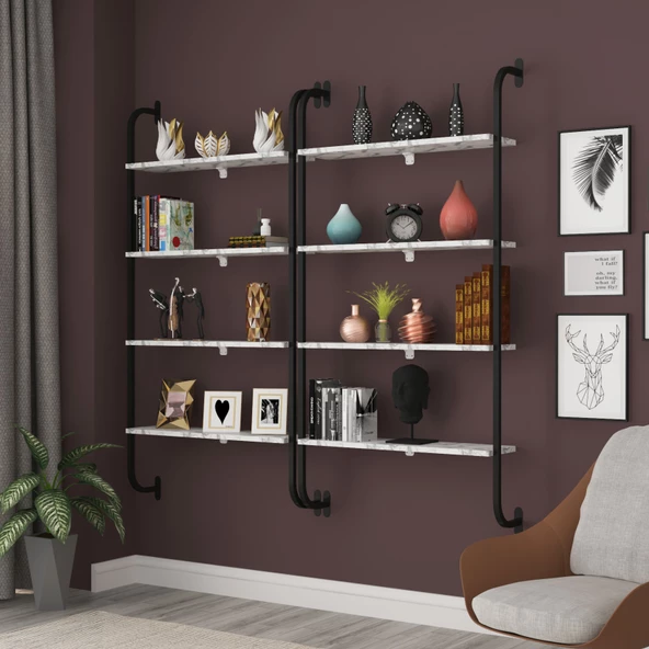 Modilayn Beyaz Mermer Desenli 4 Bölmeli Dekoratif Duvar Rafı - 2