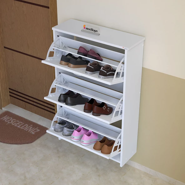 Modilayn MİHRA 72 X 112 X 25,5 cm Düşer Kapaklı 3 Katlı Ayakkabılık -Beyaz - 4