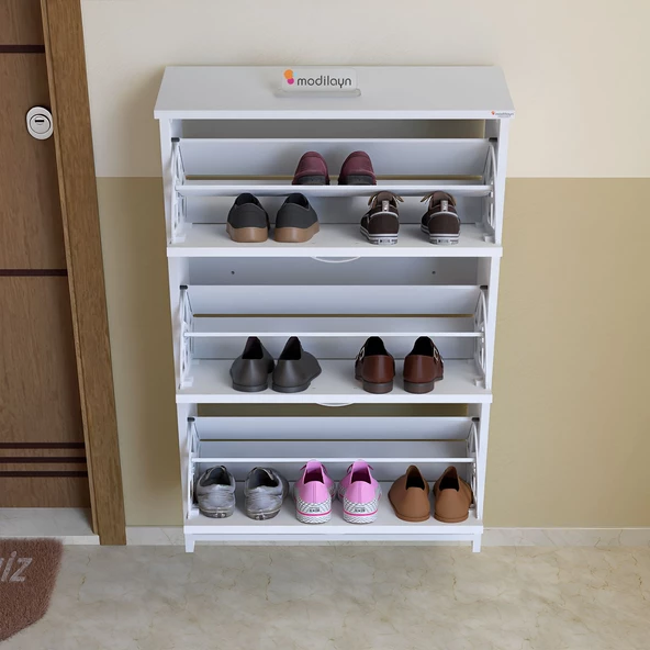 Modilayn MİHRA 72 X 112 X 25,5 cm Düşer Kapaklı 3 Katlı Ayakkabılık -Beyaz - 3