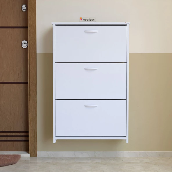Modilayn MİHRA 72 X 112 X 25,5 cm Düşer Kapaklı 3 Katlı Ayakkabılık -Beyaz