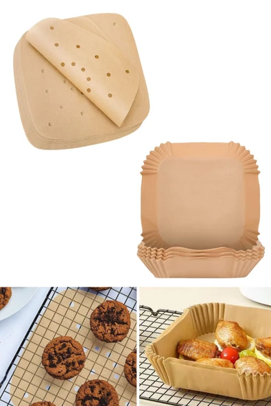 BUFFER® 200 Adet Air Fryer Pişirme Kağıdı Tek Kullanımlık Yağlı Kağıdı Kare Delikli ve Tabak Model - Resim 9