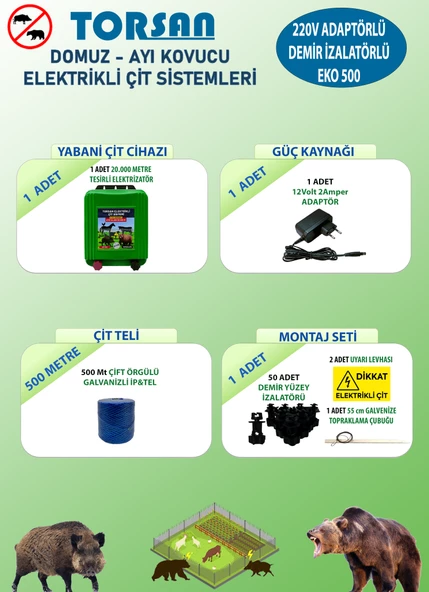 TORSAN 220V ADAPTÖRLÜ EKO PLUS 500 Elektrikli Çit Sistemi ( Domuz - Ayı Kovucu ) 500MT