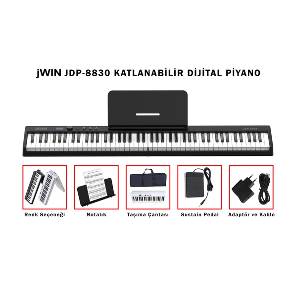 Jwin JDP-8830 Tuş Hassasiyetli Katlanabilir Bluetooth + Şarjlı Piyano - Siyah