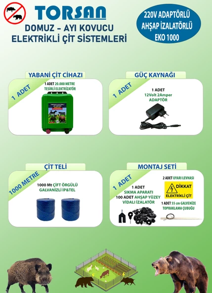 TORSAN 220V ADAPTÖRLÜ EKO 1000 Elektrikli Çit Sistemi ( Domuz - Ayı Kovucu ) 1000MT