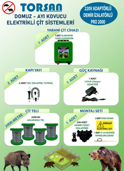 TORSAN 220V ADAPTÖRLÜ PRO PLUS 2000 Elektrikli Çit Sistemi ( Domuz - Ayı Kovucu ) 2000MT