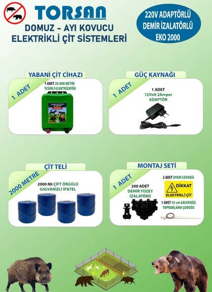 TORSAN 220V ADAPTÖRLÜ EKO PLUS 2000 Elektrikli Çit Sistemi ( Domuz - Ayı Kovucu ) 2000MT