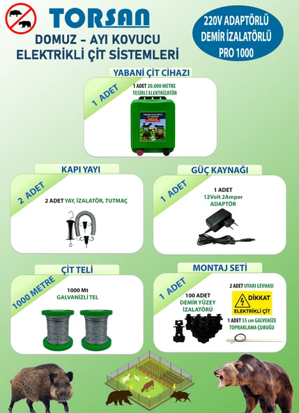 TORSAN 220V ADAPTÖRLÜ PRO PLUS 1000 Elektrikli Çit Sistemi ( Domuz - Ayı Kovucu ) 1000MT