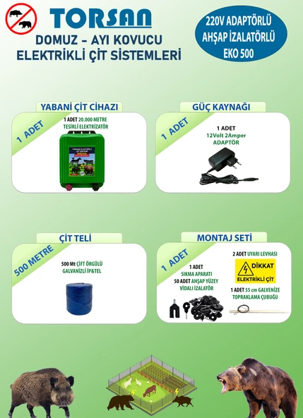 TORSAN 220V ADAPTÖRLÜ EKO 500 Elektrikli Çit Sistemi ( Domuz - Ayı Kovucu ) 500MT