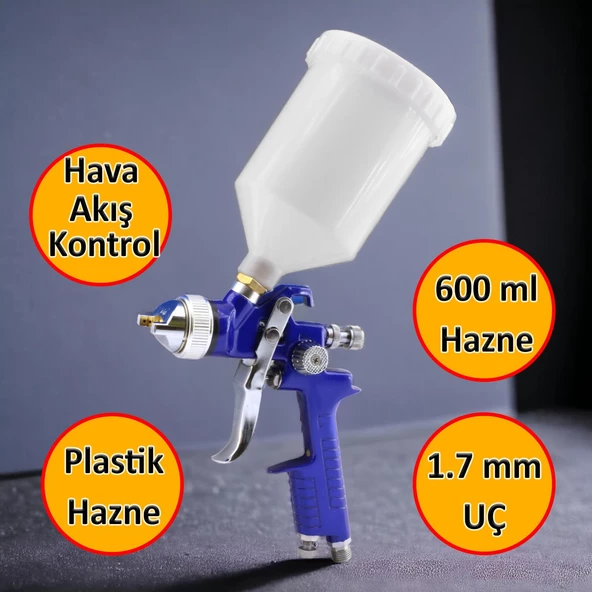 Metal Ahşap Plastik Yüzey Boyama Tabancası Üstten Depolu Havalı Boya Tabanca 600 ml 1.7 mm Uç - 2