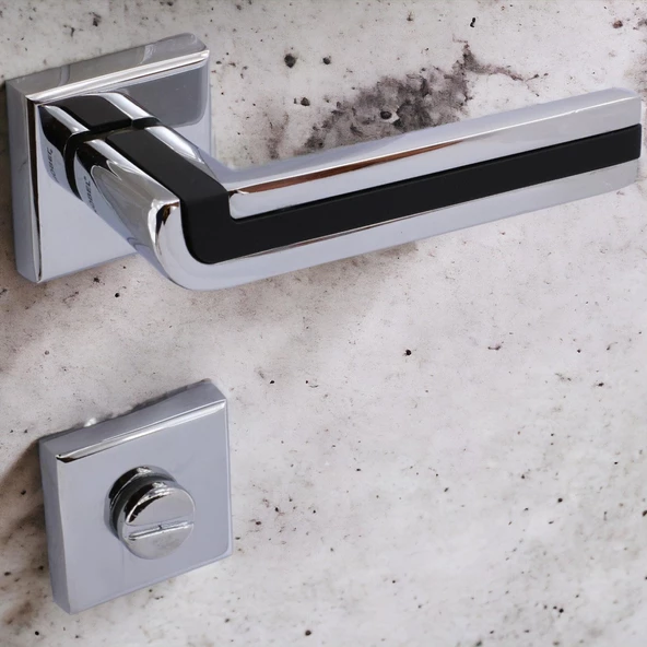 Defne Lüx Krom Mat Siyah Kare Rozetli Wc Kapısı Kapı Kolu Sağa ve Sola Uygun Kapı Kolları 1 Takım - Resim 2