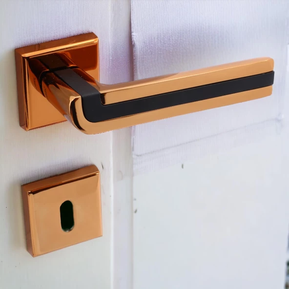 Defne Lüx Rose Gold Kare Rozetli Oda Kapısı Uyumlu Kapı Kolu Sağa ve Sola Uygun Kolları 1 Takım - Resim 3