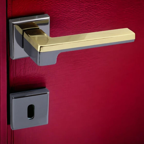 Defne Lüx Füme Gold Kare Rozetli Oda Kapısı Uyumlu Kapı Kolu Sağa ve Sola Uygun Kapı Kolları 1 Takım - Resim 2