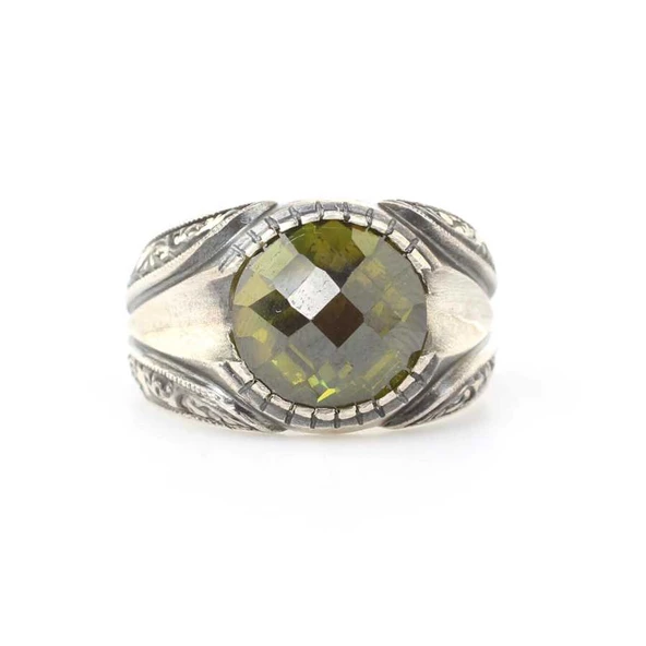 925 Ayar Gümüş Sentetik Zümrüt Taşlı Kalemkar Erkek Yüzüğü - Resim 5