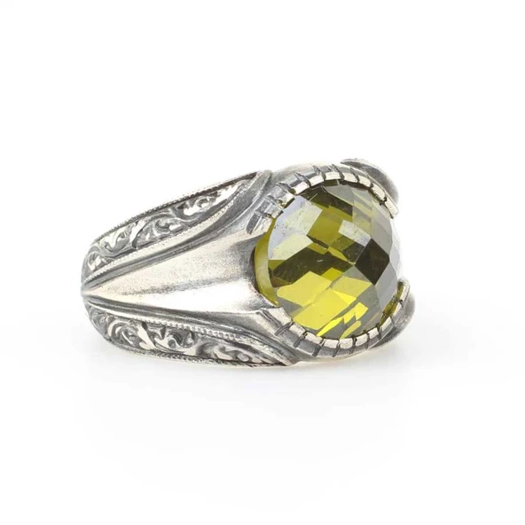 925 Ayar Gümüş Sentetik Zümrüt Taşlı Kalemkar Erkek Yüzüğü - Resim 3