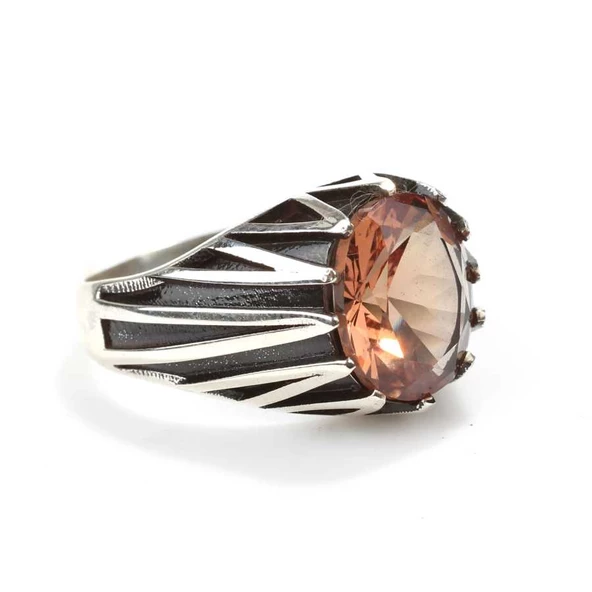 925 Ayar Gümüş Oval Zultanit Taşlı Zikzak Erkek Yüzüğü - Resim 2