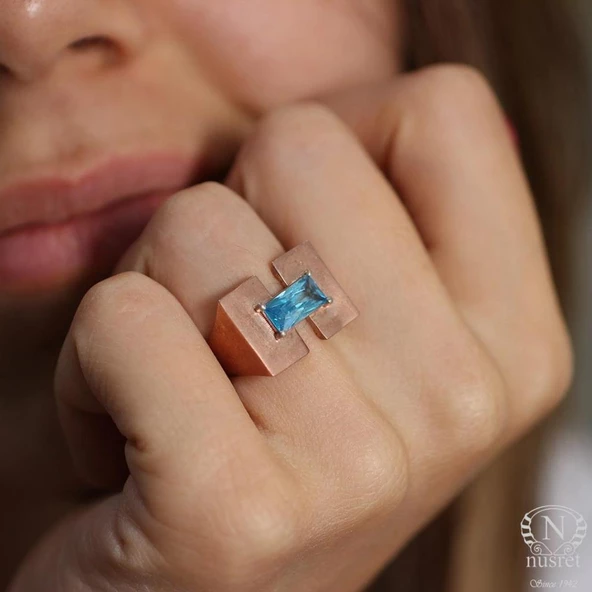 925 Ayar Gümüş Zümrüt Kesim Akuamarin Taşlı Tasarım Yüzük - Resim 11