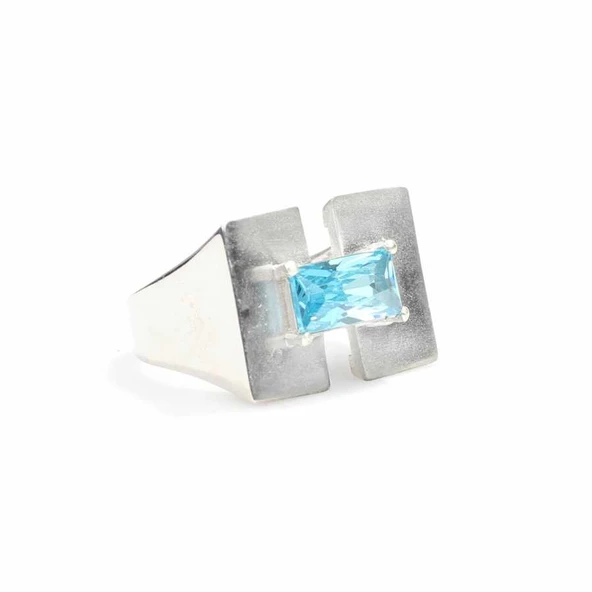 925 Ayar Gümüş Zümrüt Kesim Akuamarin Taşlı Tasarım Yüzük - Resim 2