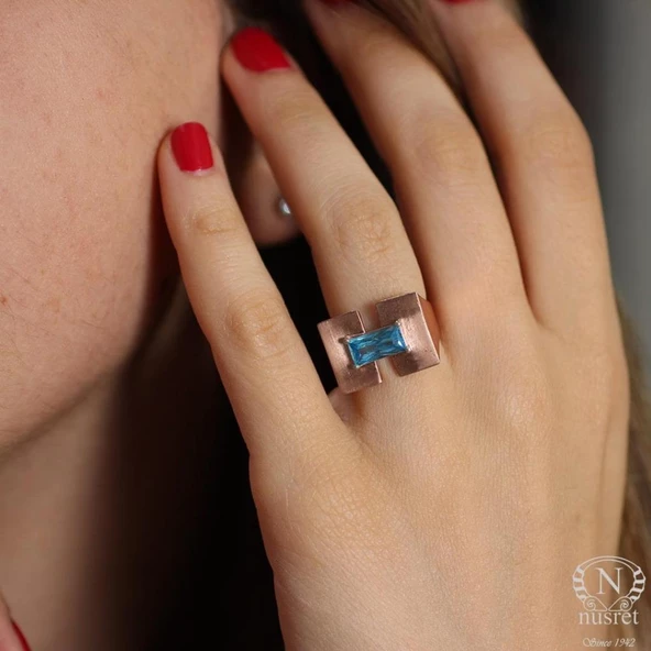 925 Ayar Gümüş Zümrüt Kesim Akuamarin Taşlı Tasarım Yüzük ürün görseli 1