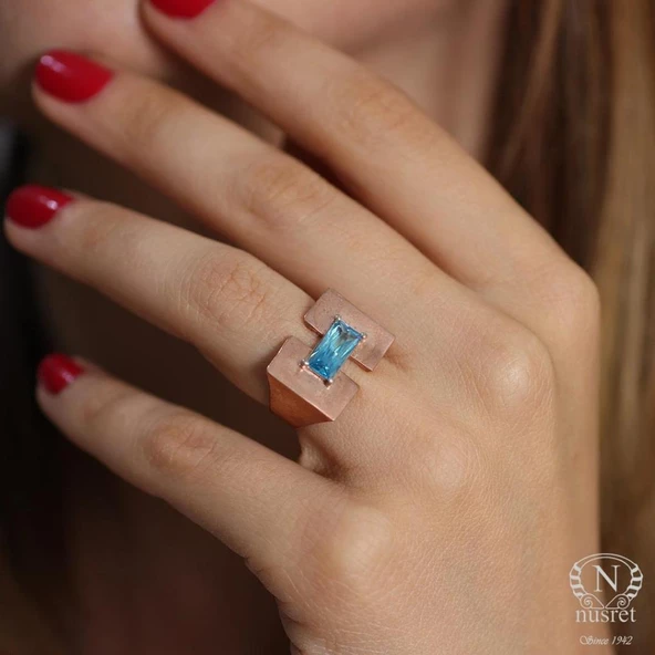 925 Ayar Gümüş Zümrüt Kesim Akuamarin Taşlı Tasarım Yüzük - Resim 10