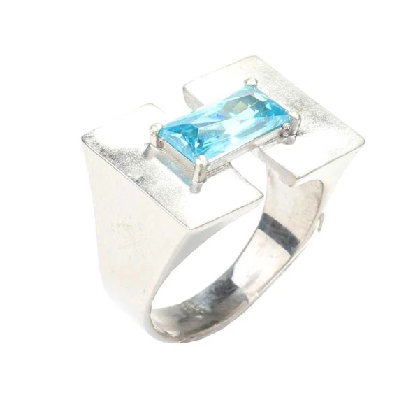 925 Ayar Gümüş Zümrüt Kesim Akuamarin Taşlı Tasarım Yüzük - Resim 8