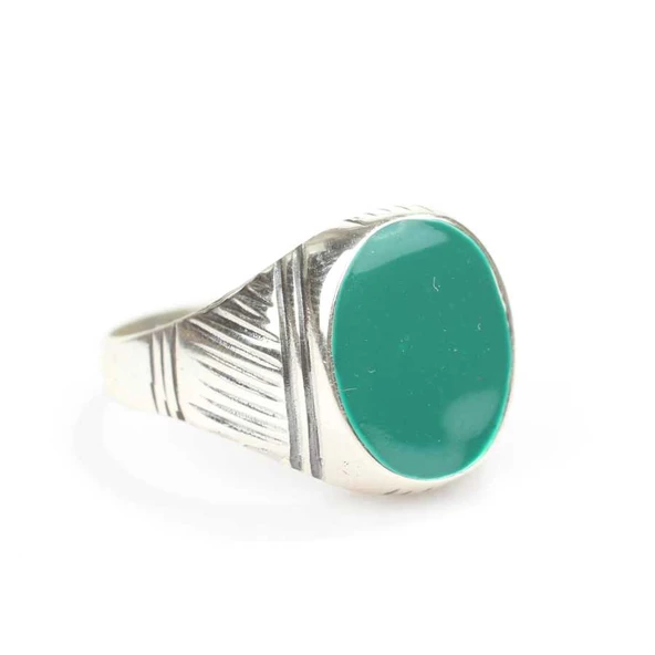 925 Ayar Gümüş Açık Renk Yeşil Mineli Erkek Yüzük ürün görseli 1