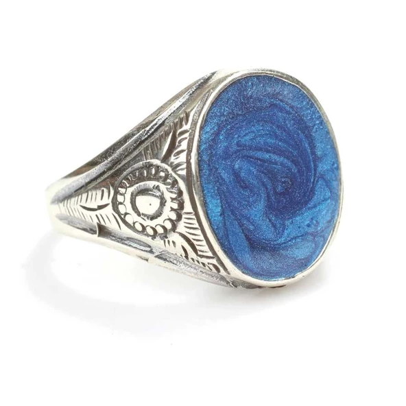 925 Ayar Gümüş Mavi Mineli Erkek Yüzük ürün görseli
