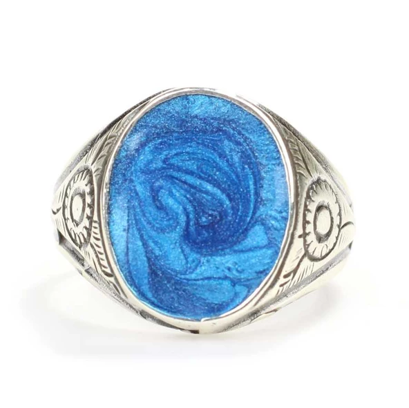 925 Ayar Gümüş Mavi Mineli Erkek Yüzük - Resim 3