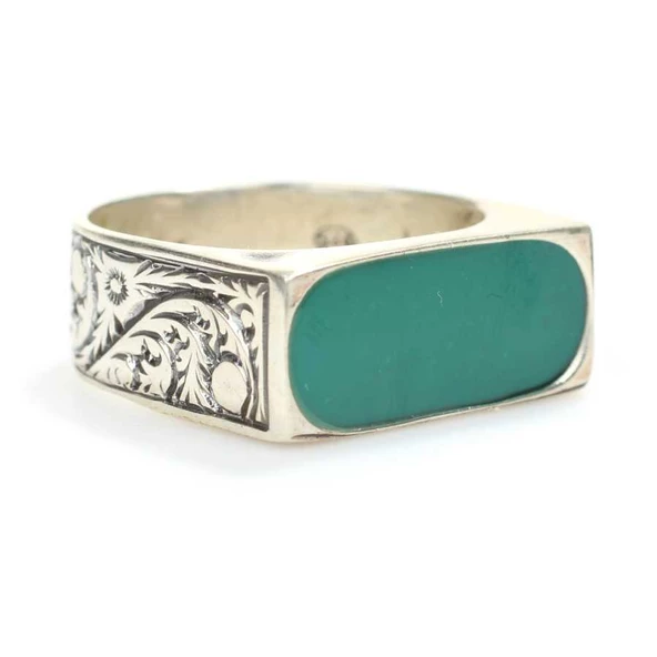 925 Ayar Gümüş Yeşil Mineli Erkek Yüzük ürün görseli 1