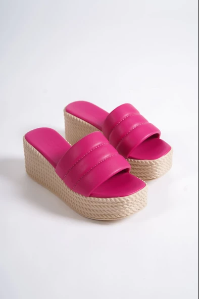 REİNA Dolgu Topuklu Ortopedik Taban Hasır Görünümlü Kadın Terlik KT Fuşya - 4