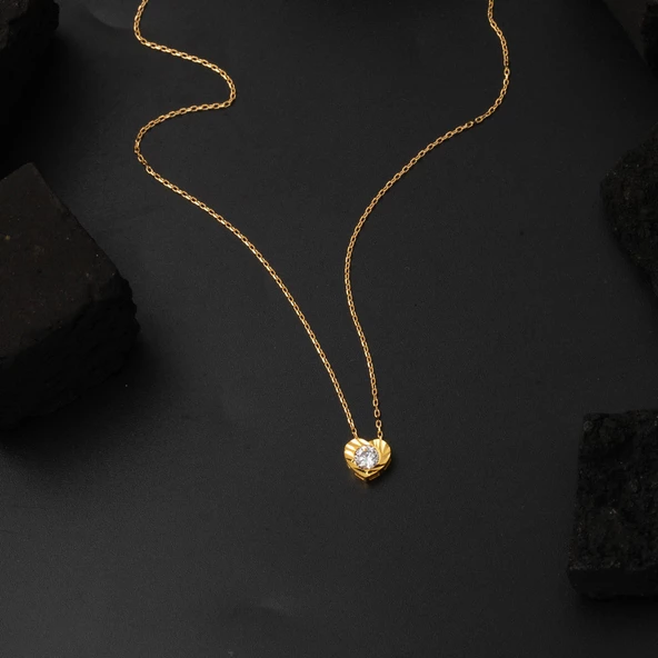 Kalp Tasarım Tektaşlı 22 Ayar Altın Kolye - Resim 4